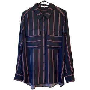 Elodie Black Long Sleeve Pinstripe Blouse Chest Pockets Women Size XL
